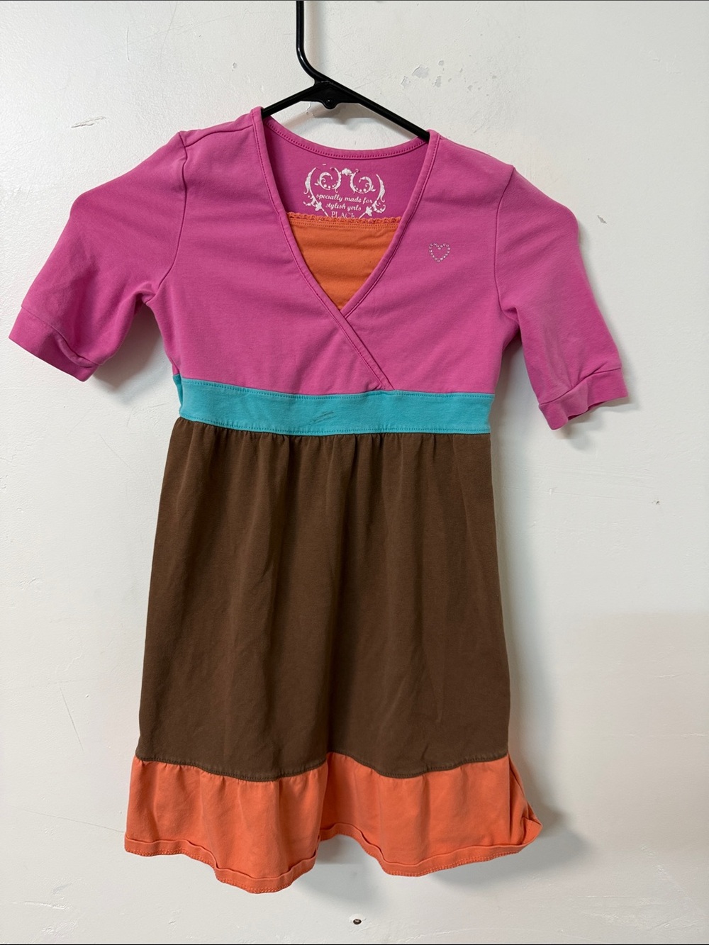 Girls' Pink Teal Brown Colorblock Knit Dress Y2K